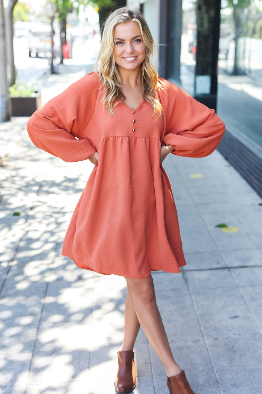 Woven Waffle V Neck Babydoll Dress Taupe / Small Woven Waffle V Neck Babydoll Dress Taupe / Small