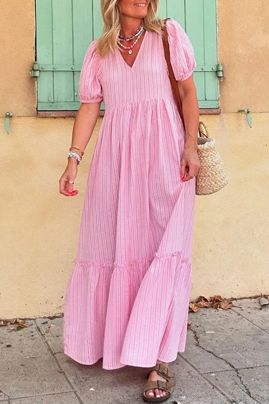 PINK STRIPPED PUFF SLEEVE MAXI