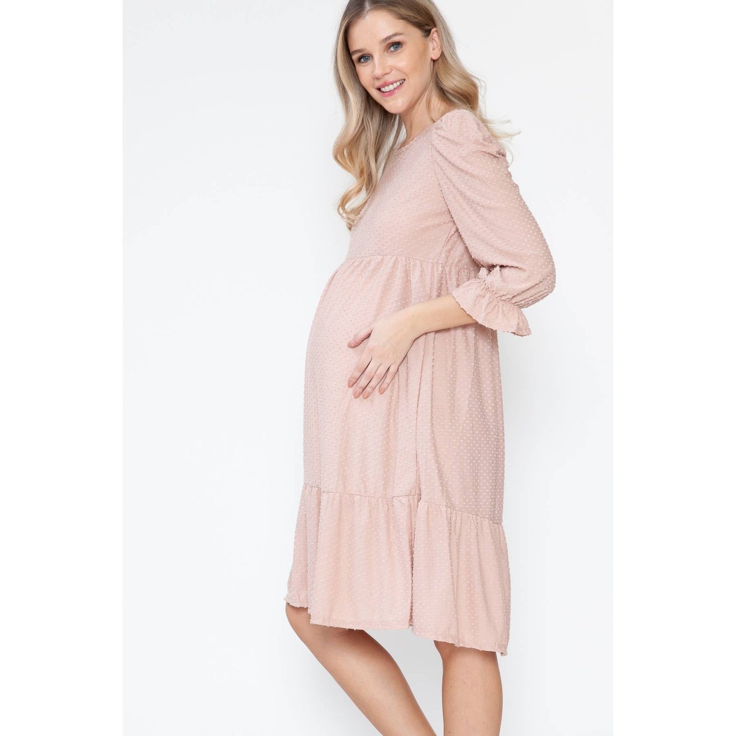 Maternity Swiss Dot Tiered Ruffle Balloon Sleeve Midi Dress