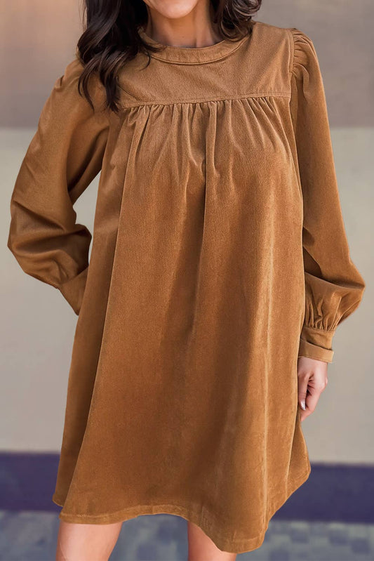 Corduroy Pleated Puff Sleeve Shift Dress