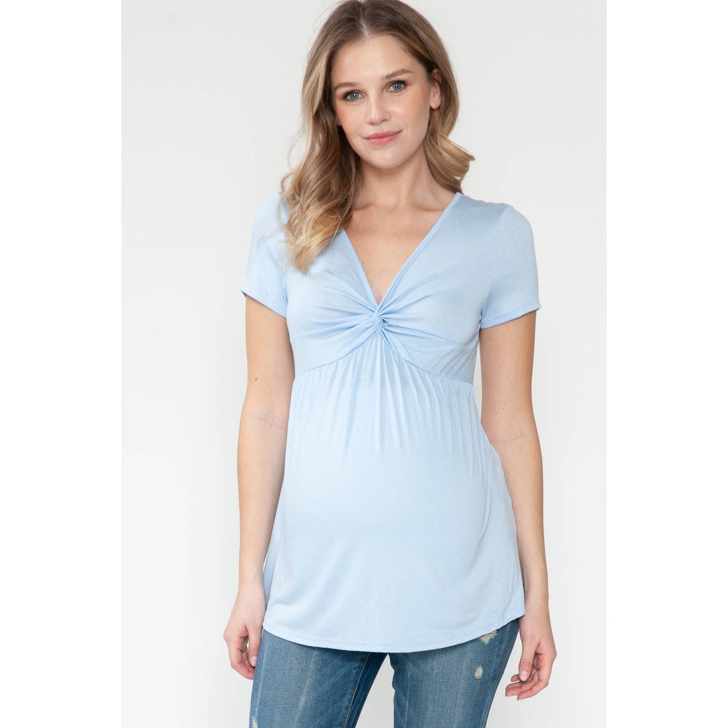 Maternity Front Twist Ruched Ruffle Hem Solid Basic Top