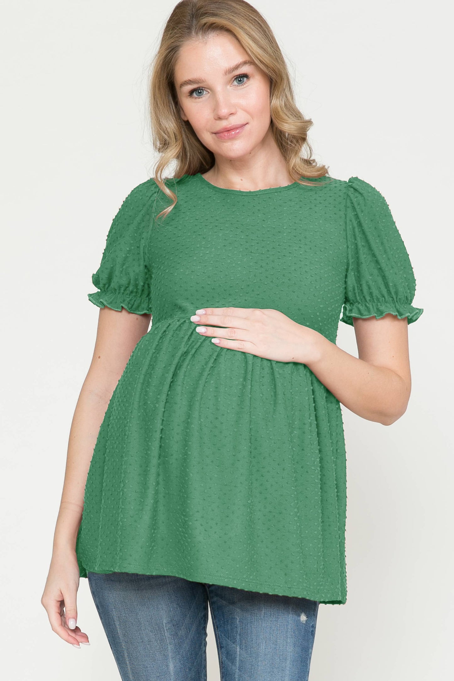 Maternity Puff Sleeve Babydoll Clip Dot Tiered Ruched Top