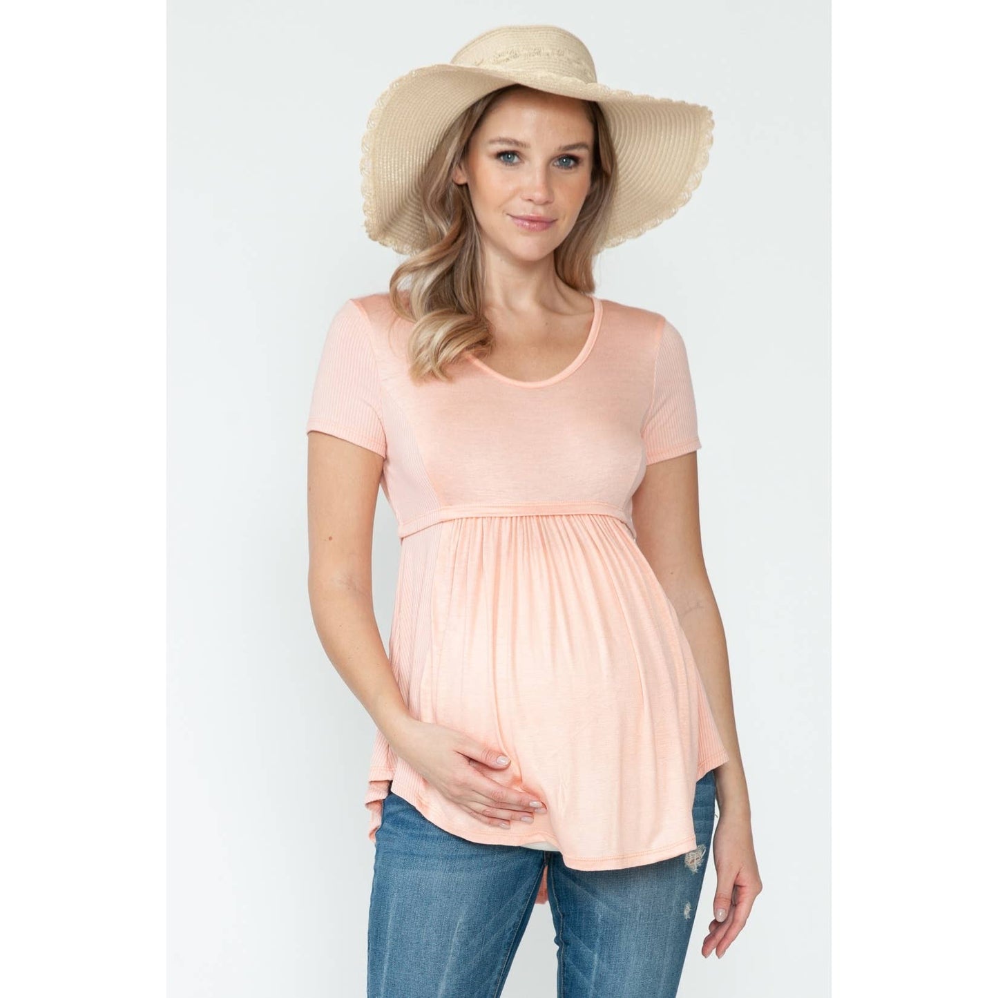 Maternity Shirring Ruched Round Hem Basic Solid Side Rib Top