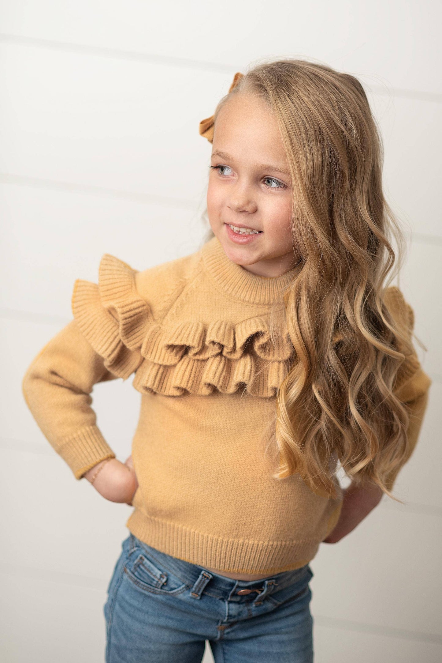 Kids Tan Double Ruffle Crew Neck Fall Winter Sweater