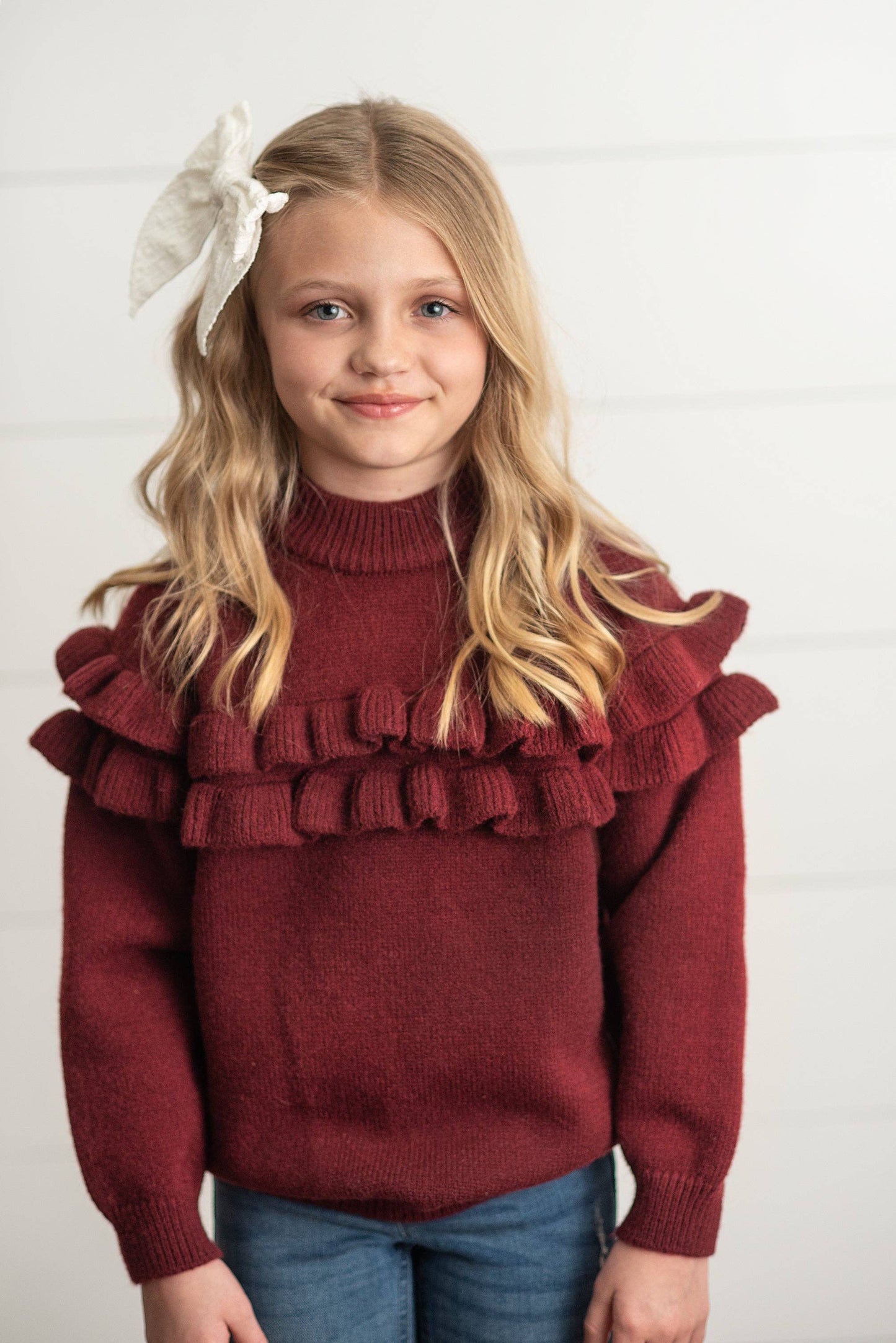 Kids Wine Double Ruffle Crew Neck Fall Winter Sweater