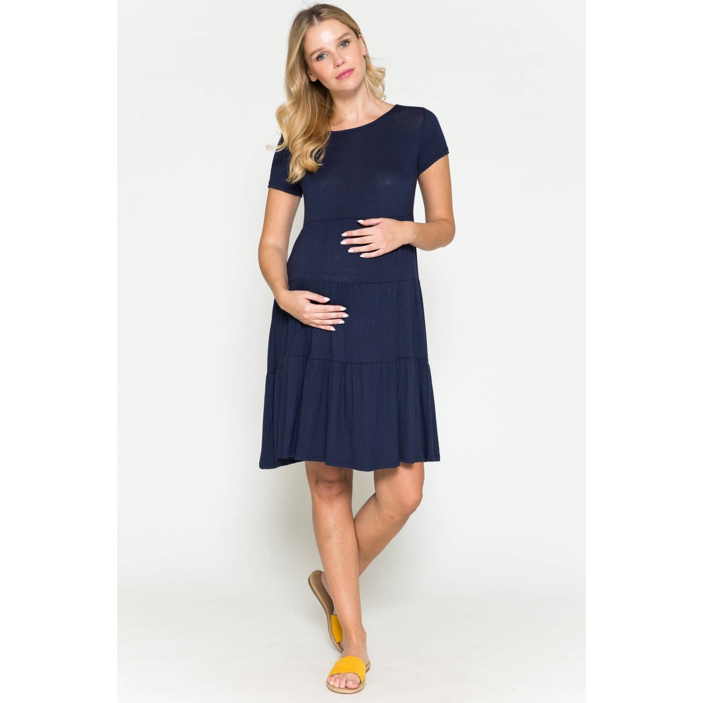 Maternity Tiered Shirring Solid Basic Ruffle Midi Dress