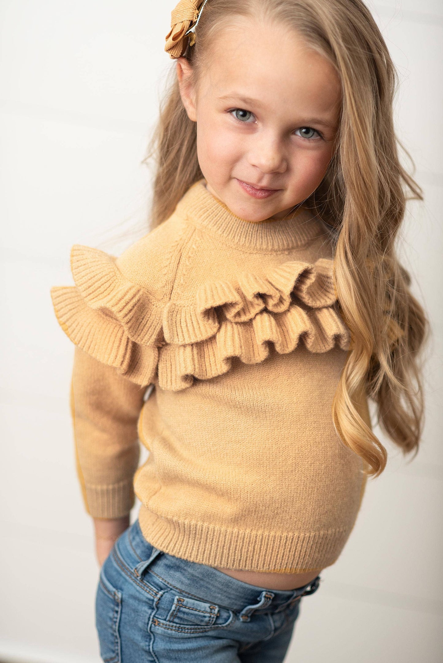 Kids Tan Double Ruffle Crew Neck Fall Winter Sweater