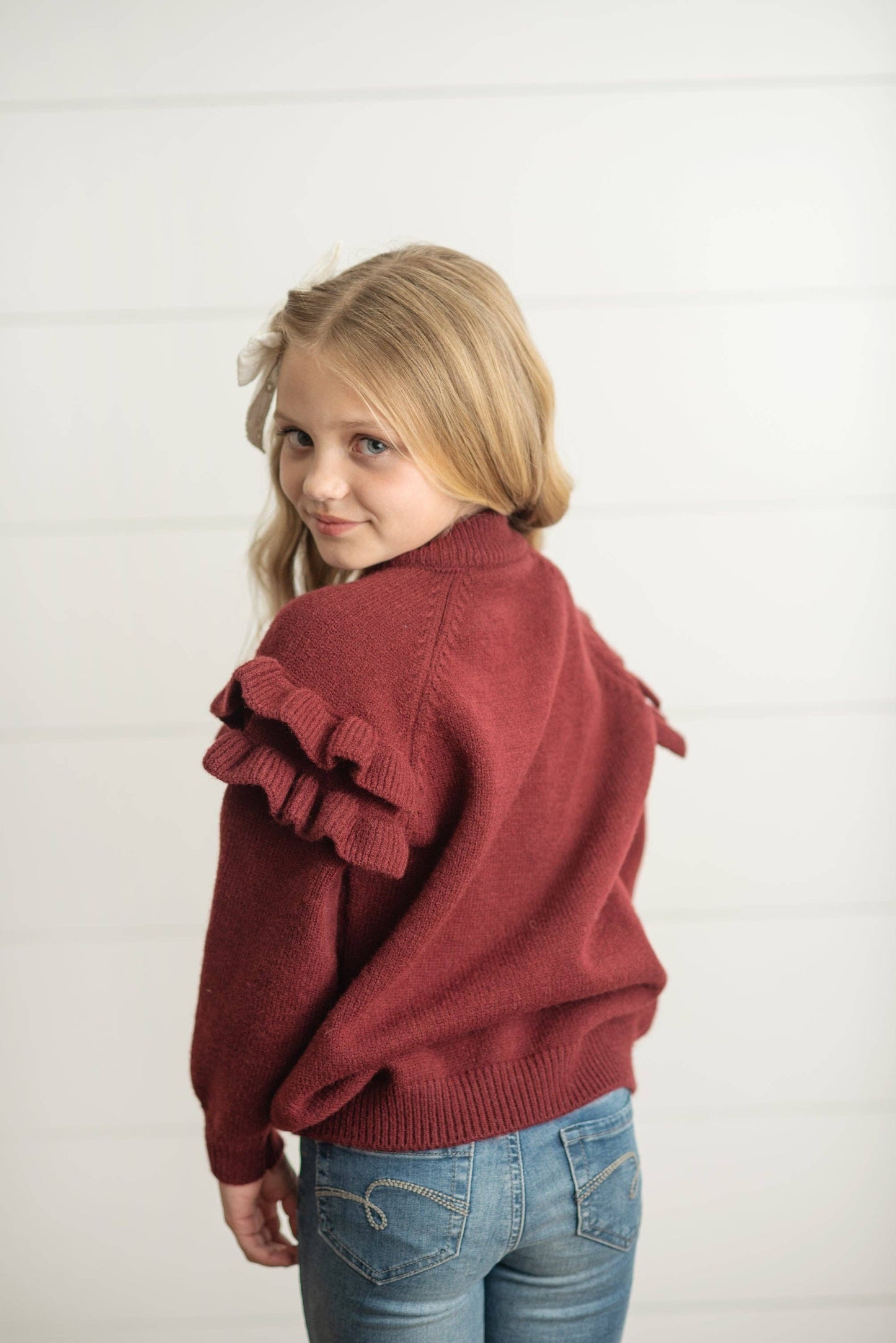 Kids Wine Double Ruffle Crew Neck Fall Winter Sweater