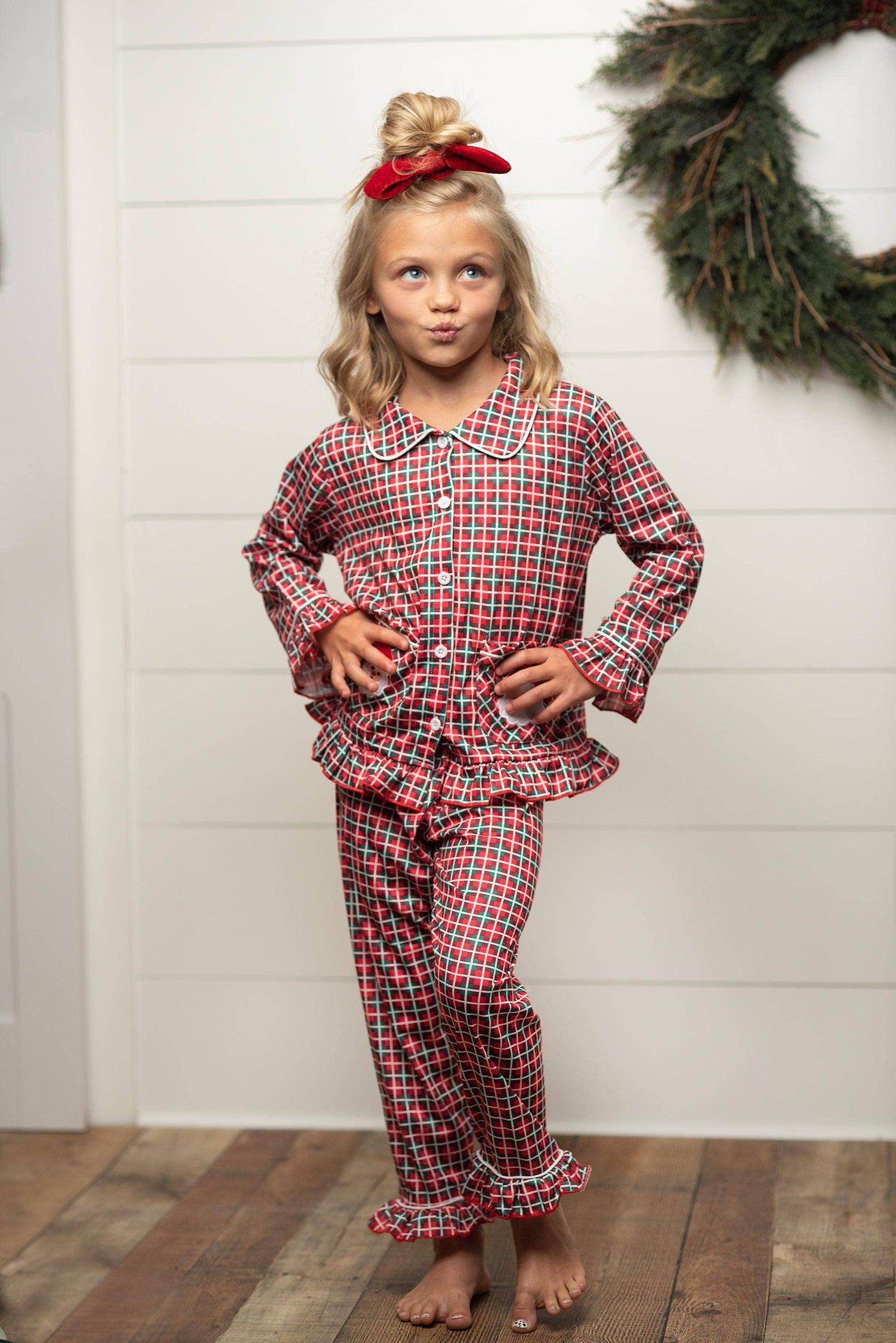 Santa Plaid Pocket Button Christmas Lounge Set