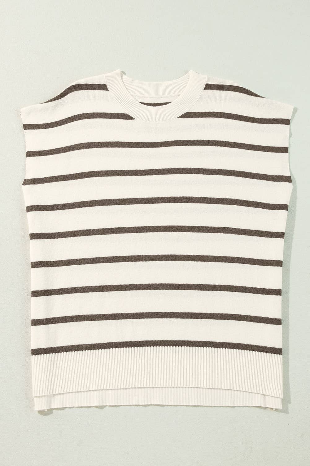 Striped Side Slits Short Sleeve Sweater Tee